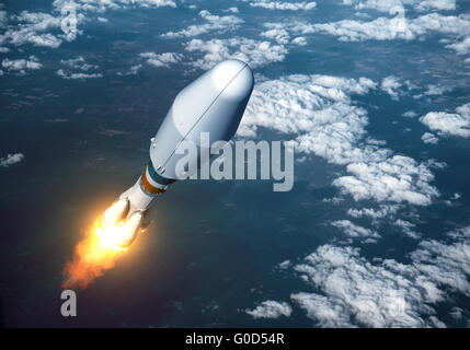 Lancement d'une fusée porteuse lourde dans les nuages. 3D Illustration. Banque D'Images