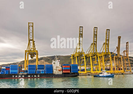 Grues à conteneurs à quai et Barcelone Espagne Banque D'Images