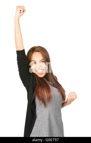 Cheering Asian Woman Fist a soulevé la moitié Célébration Banque D'Images