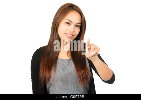 Asian Woman Index pointe at Camera Banque D'Images