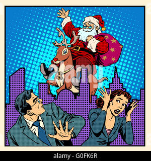 Père noël vacances cauchemar sur le renne et la panique les gens Banque D'Images