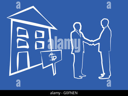 Silhouette of two businessmen shaking hands in front of house for sale Banque D'Images