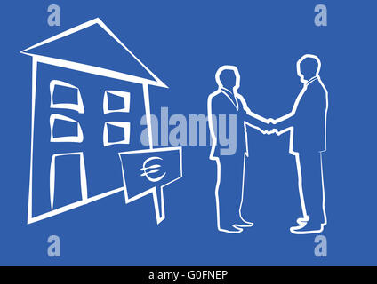 Silhouette of two businessmen shaking hands in front of house for sale Banque D'Images