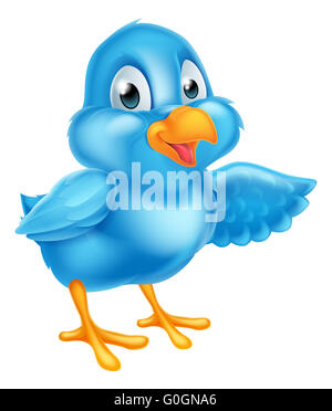 Une illustration d'un oiseau bleu de cute cartoon character pointant avec leur aile Banque D'Images