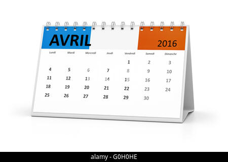 Tableau de la langue française avril 2016 Calendrier Banque D'Images