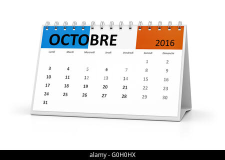 Tableau de la langue française Octobre 2016 Calendrier Banque D'Images