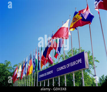 Drapeaux de pays européens et du Conseil de l'Europe signent, Strasbourg, Alsace, France Banque D'Images