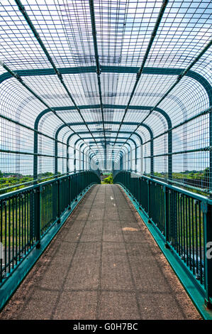 Un chemin pavé gris mène sur une passerelle protégée par un filet de sécurité vert l'autre côté de la M6 autoroute à péage, Chasewater Country Park Banque D'Images