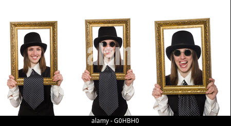 Femme avec photo frame isolated on white Banque D'Images