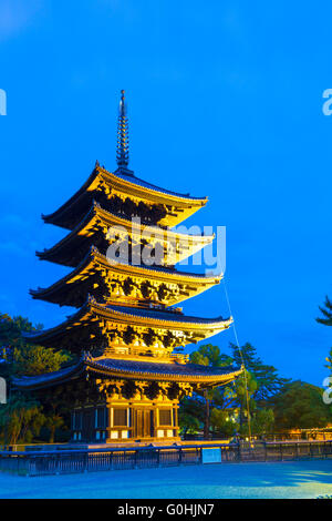 Kofuku-Ji pagode de cinq étages bleu ciel éclairé Heure Banque D'Images