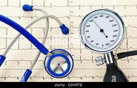 Tensiomètre, stéthoscope et courbe d'un électrocardiogramme. Banque D'Images