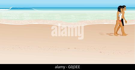 Couple en train de marcher dans un vecteur illustration cartoon beach Illustration de Vecteur