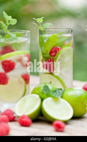 Boire de l'eau froide fraîche des cubes de glace framboise citron vert menthe Banque D'Images