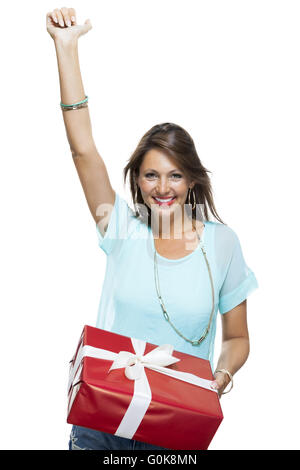 Happy Woman Holding Red Gift Box Banque D'Images