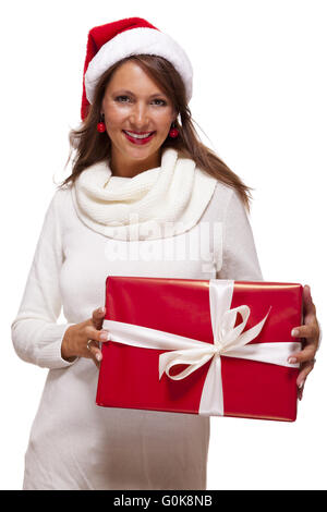 Pretty woman in a Santa hat avec un grand cadeau Banque D'Images