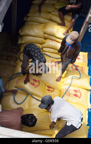 Les travailleurs chargés des sacs de ciment dans la coque d'un bateau au port de Paotere à Makassar, Indonésie. Banque D'Images