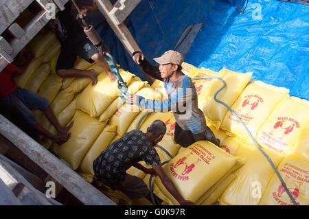 Les travailleurs chargés des sacs de ciment dans la coque d'un bateau au port de Paotere à Makassar, Indonésie. Banque D'Images