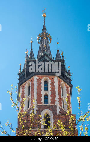 Tour de l'Église de Cracovie, la tourelle de flèche de la 'Clairon Tower' (Hejnal), l'une des deux tours à l'extrémité ouest de l'église St Mary à Cracovie, Pologne. Banque D'Images