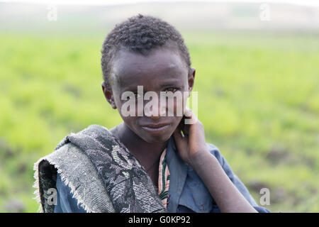 Debre Birhan, Amhara, Ethiopie, 2013 Detege Fantaye, 15, dans la catégorie 8, les troupeaux d'animaux sur la ferme familiale. Banque D'Images