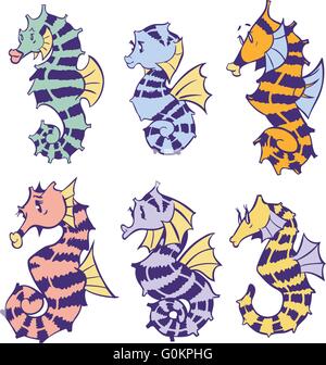 Un ensemble d'hippocampes cute cartoon créé comme vector clip art, dans un style simple. Illustration de Vecteur