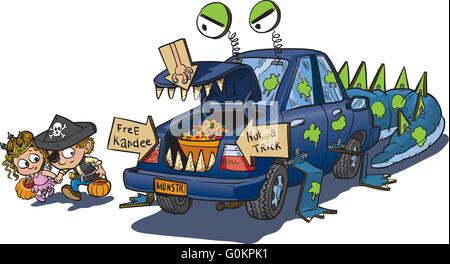 Un vector clip art caricature de deux enfants approching prudemment une voiture décorée pour une ligne ou traiter l'événement sur l'Halloween. Illustration de Vecteur