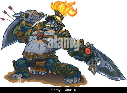 Vector cartoon fantasy illustration d'un gorille puissant guerrier en armure avec une torche enflammée sur son casque. Illustration de Vecteur