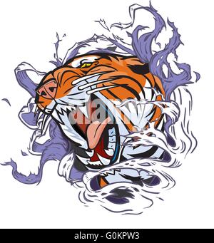 Vector Cartoon Clip Art Illustration d'une tête de tigre rugissant arrachée d'un trou dans l'arrière-plan. Illustration de Vecteur
