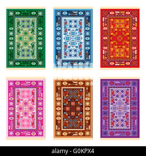 Tapis - motif oriental - six variations de couleur - vert, bleu, rouge, rose, marron et violet. Banque D'Images