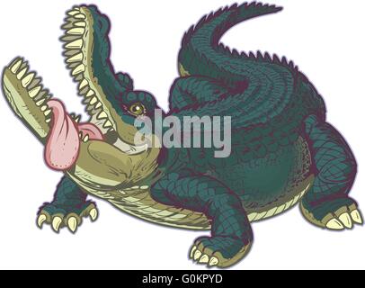 Funny cartoon vector clip art illustration d'un grand crocodile affamé à la recherche vers le haut avec sa bouche ouverte et la langue de traîner. Illustration de Vecteur