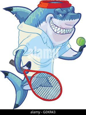 Vector cartoon clip art illustration d'une mascotte requin souriant moyenne tenant une raquette de tennis et la balle. Illustration de Vecteur
