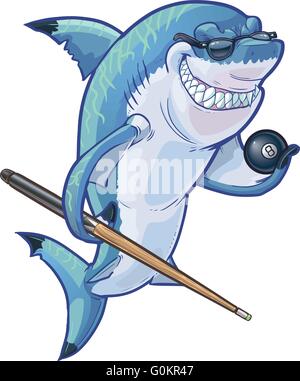 Vector cartoon clip art illustration d'une mascotte requin souriant moyenne portant des lunettes de soleil et la tenue de huit ball et billard Illustration de Vecteur