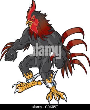 Vector cartoon clip art illustration d'un coq ou musculaire en colère ou gamecock chanticleer mascot avec spurs Illustration de Vecteur