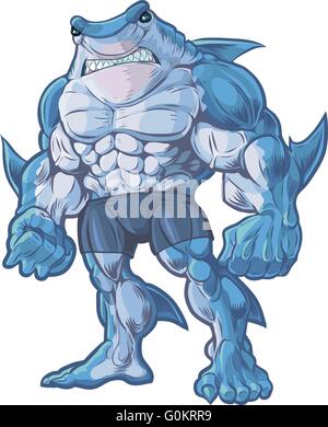 Vector cartoon clip art illustration d'un musclé, dures, et signifier à la moitié anthropomorphes, requin créature hybride mi-homme Illustration de Vecteur