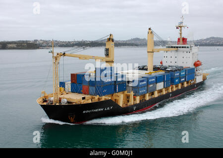 Porte-conteneurs le sud de Lily têtes hors de l'Auckland Harbour avec des conteneurs de transport et des voitures sur le pont. Banque D'Images