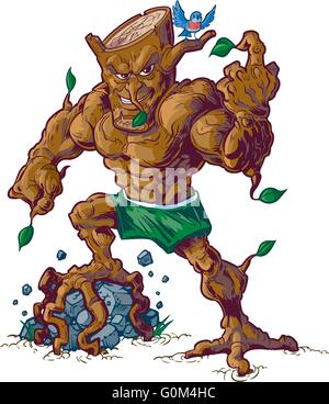 Vector cartoon clip art illustration d'une moyenne des arbres difficiles homme mascot écrasant un rocher avec son pied de la racine. Illustration de Vecteur