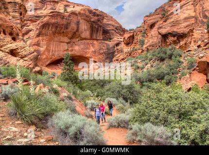 Les randonneurs font leur chemin à travers les collines de roche et de désert au Red Cliffs National Conservation Area, où le Plateau du Colorado, le désert du Grand Bassin, et chevauchement du désert de Mojave, près de Saint George, Utah. Banque D'Images