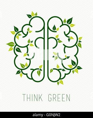 Think green concept design, simple cerveau humain dans l'art de style avec des éléments de la nature et les feuilles des plantes. Vecteur EPS10.