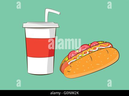 Saucisse hot-dog avec boisson coca concept de restauration rapide. Illustration de Vecteur