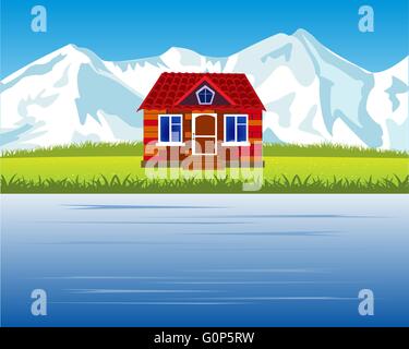 Le paysage avec vue sur la montagne et riverside lodge.Vector illustration Illustration de Vecteur