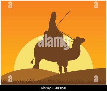 Le cavalier du désert en chameau avec le lever du soleil.Vector illustration Illustration de Vecteur
