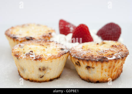Le fromage cottage syrniki, comme au four cupcakes ou muffins, servi avec du yogourt et fraises à la plaque blanche libre. Banque D'Images