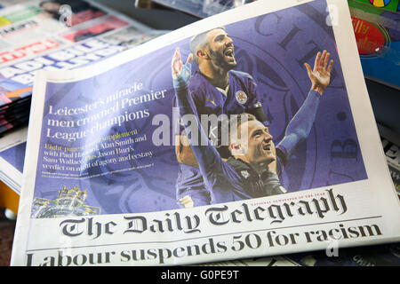3 mai 2016 - Le Daily Telegraph's couverture histoire sur Leicester City gagnant le titre Premier League Banque D'Images