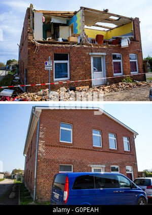 La photo illustre la combinaison détruit maison de famille Grossmann à Buetzow (Mecklenburg-Vorpommern), Allemagne, 02 et 08 mai 2016. Un mur extérieur ainsi que le toit de l'immeuble ont été arrachés. Un an après la tornade dévastatrice, la plupart des bâtiments de la petite ville ont été rénovées. Les coûts des dommages sont estimées à 40 millions d'Euros. Photo : Jens Buettner/dpa Banque D'Images