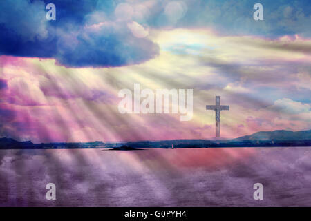 La croix de Jésus Christ et de beaux nuages Banque D'Images