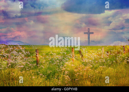 La croix de Jésus Christ et de beaux nuages Banque D'Images