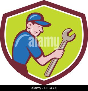 Illustration d'un réparateur handyman worker wearing hat transportant tricoise à côté de l'écran à l'intérieur set crest fait en style cartoon. Illustration de Vecteur