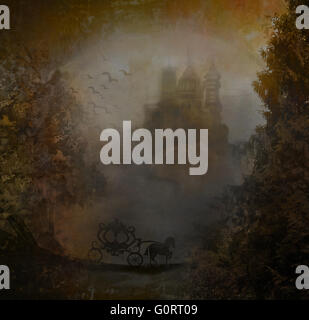 Transport au coucher du soleil. Silhouette d'une calèche et d'un château médiéval Banque D'Images