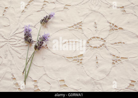 Linge de maison blanc tissu broderie florale arrière-plan avec des fleurs de lavande, filtre vintage Banque D'Images