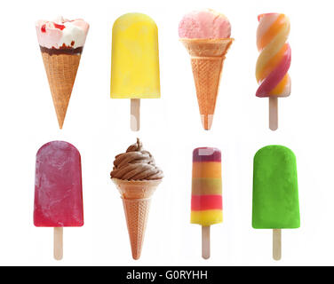 Sélection de la crème glacée, sucettes glacées et saveurs de popsicle comme une sélection sur un fond blanc Banque D'Images