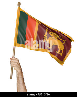 Brandissant fièrement à la main le drapeau national du Sri Lanka, rendu 3D Banque D'Images